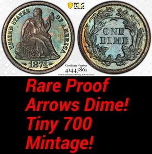 1874 PCGS PR64 Beautiful ✅ 700 Minted ✅ $1,550 Comp PROOF Seated Dime ARROWS 10C - Picture 1 of 5