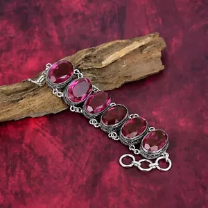 Pink Tourmaline Gemstone Handmade 925 Sterling Silver Jewelry Bracelet For Women - Picture 1 of 5