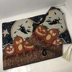 Halloween Tischläufer Webteppich Leinen Kürbis schwarze Katze Hexe Quaste 70x14 - Bild 1 von 7