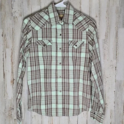 Cowgirl Legend Green Brown White Plaid Pearl Snap Studded Western Shirt Small - Image 1 of 4