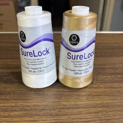 2 Sure Lock Spun Thread for Overlock Machine 100% Polyester Beige & White New - Image 1 of 4