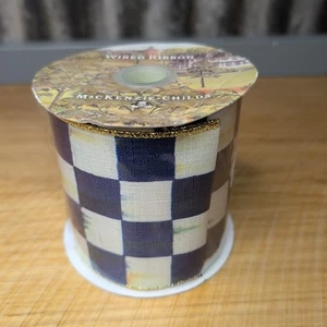 MacKenzie Childs Royal Check 4" x 10 yards Wired Edge Ribbon Lime Backing - Picture 1 of 6