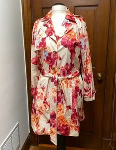 CHICO'S HOODED RAINCOAT JACKET BUTTON BELTED FLORAL TROPICAL LONG SIZE 2 - Picture 1 of 13
