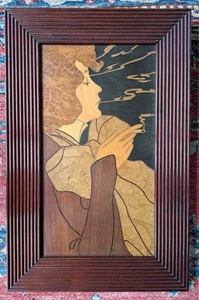 SELTENES INTARSIENSCHILD: FRAU MIT ZIGARETTE. GEORGES DE FEURE. JUGENDSTIL - Bild 1 von 5