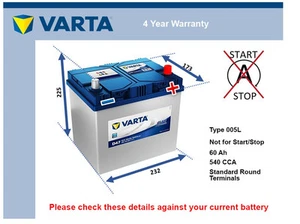Battery fits SUNBEAM ALPINE 1.7 65 to 68 Varta 005L 540A 60Ah 4Yr Warranty New - Picture 1 of 4