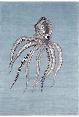 Alfombra de área de diseño 8x10 acolchada a mano ocho brazos | Criatura marina vintage azul océano Foto 1 de 4