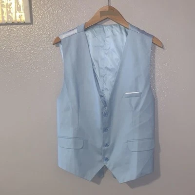 Mens XXL Solid Light Blue Silky Waistcoat Wedding Business Sleeveless Vest - Image 1 of 4