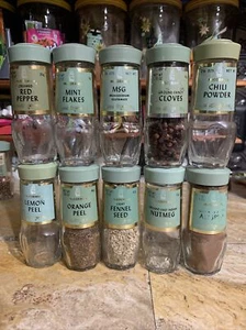 10 Schilling McCormick Spice Jars Bottles Vintage Sage Green Lids 1970’s Prop G3 - Picture 1 of 8