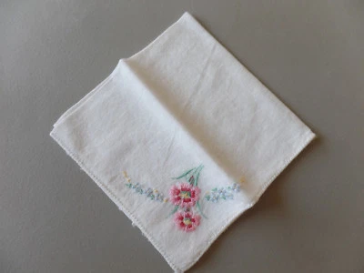 Vintage Off White Linen Light Handkerchief 9.5" x 9" Embroidered Floral Corner - Image 1 of 2