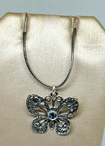 Vintage Israel Or Paz PZ Butterfly Necklace Blue Tourmaline Sterling Silver 18" - Picture 1 of 2