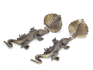 Vintage 90's Gecko Lizard Bronze Long Dangle Artist Earrings