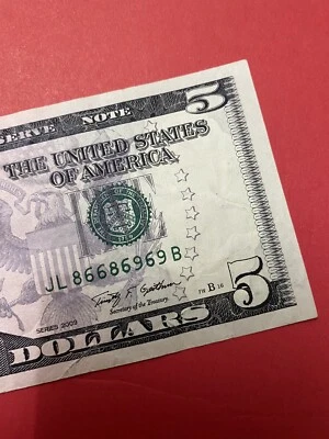 Fancy Serial Number $5 2009 JL 8668 6969 B Repeat Serial .  - Image 1 of 4