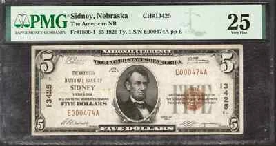 1929 $5 AMERICAN NATIONAL BANKNOTE CURRENCY SIDNEY NEBRASKA PMG VERY FINE VF 25 - Image 1 of 2