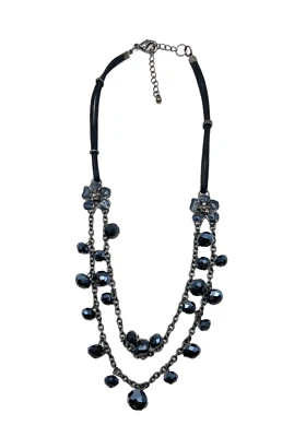 Black Faceted Beaded- Gray Rhinestone Blue Enamel Flowers Layered Bib Necklace - Image 1 of 4