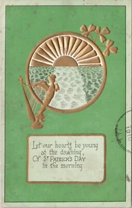 St. Patricks Day Postcard Gold Harp/Gold Shamrocks Clover/ Embossed/Poem - Picture 1 of 2