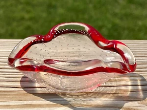 Art Glass Bullicante Controlled Bubbles-Ashtray Bowl Dish Clear With Red Rim - Picture 1 of 5