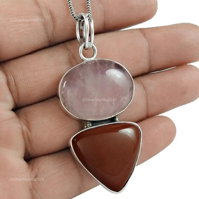 Quarzo Rosa 925 Argento Sterling Cuore Chakra Elegante Sorella Boho Pendente - Immagine 1 di 4