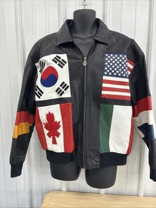 Vintage 90’s Phase 2 Men’s Black Leather International Flag Bomber XL Jacket - Picture 1 of 10