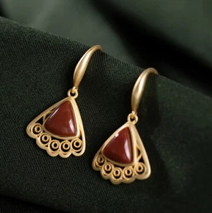 I02 Orecchini Argento 925 Placcato Oro Ventaglio Con Dreieckigem Rosso Agata - Foto 1 di 4