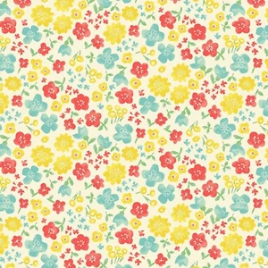 Cosmo Pygmy World Summer Floral Cotton Fabric Japan Import Cream Coral Yellow - Picture 1 of 2