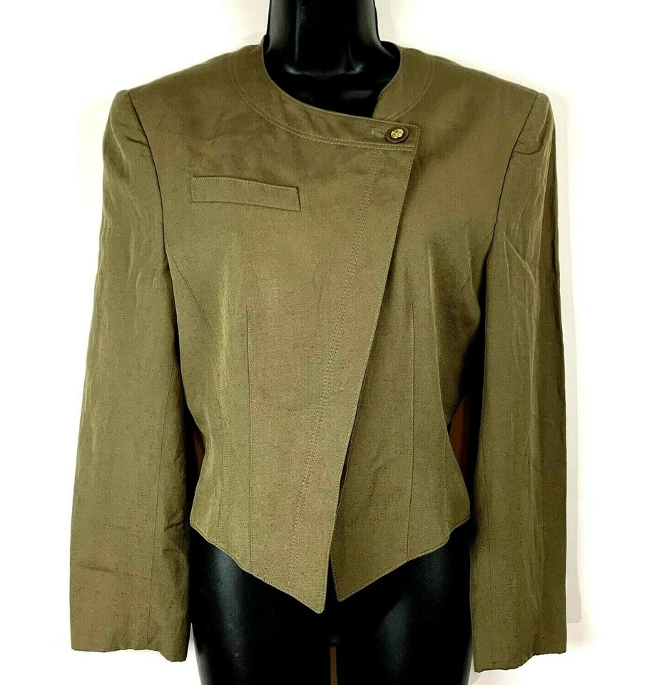 Louis Feraud винтажный ассиметричный куртка 4 оливковый военный шелк льняной Западной Германии - Изображение 1 из 4