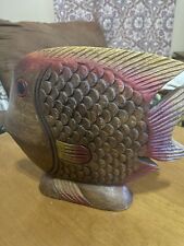 Carved Solid  Wood Fish, Handpainted Fins. 9” Tall 10” Wide