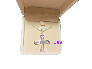 AMETRINE BOLIVIANITA NATURAL PENDANT NECKLACE GEM NECKLACE GOLD PLATED 14k CROSS - Picture 1 of 13