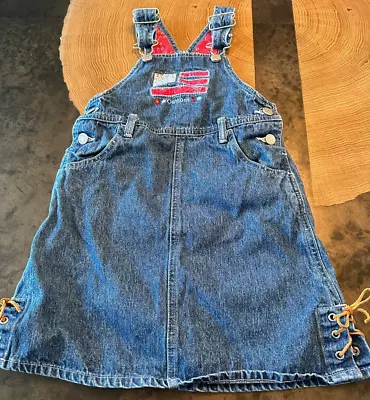 OSH KOSH BANDANA EMBROIDERED DENIM OVERALL JUMPER DRESS GIRLS SZ 5 - Image 1 of 4
