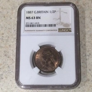 1887 GREAT BRITAIN 1/2 P HALF PENNY NGC MS63 BN - Picture 1 of 2