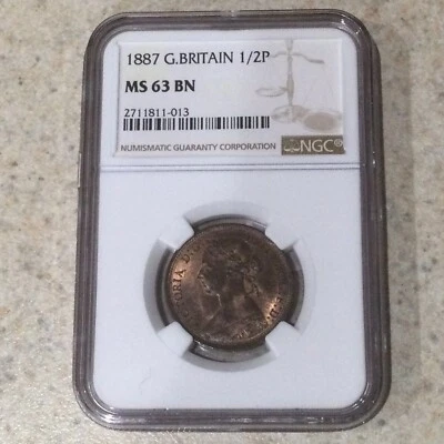 1887 GREAT BRITAIN 1/2 P HALF PENNY NGC MS63 BN - Image 1 of 2