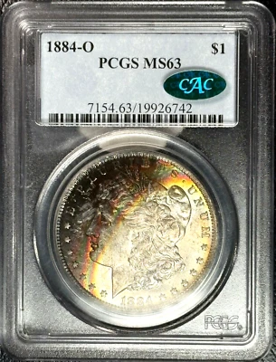 1884 O Toned morgan $ PCGS MS 63 CAC💎💎Flashy Monster Rainbow Toning💎💎VIDEO - Image 1 of 4