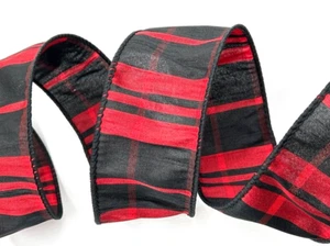 Redgate Plaid 2.5" by 5 yard Wired Ribbon Black Red Plaid Dupioni d. Stevens - Picture 1 of 6