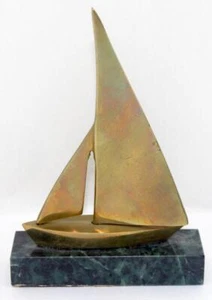 Vintage Brass Sailboat Brass Boat on Green Marble Base ~ Home or Office Decor - Picture 1 of 5