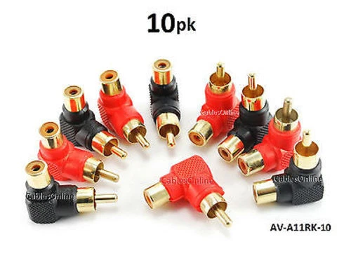10-PACK Red/Black RCA Male Plug to RCA Female Right Angle Adapter,  AV-A11RK - Image 1 of 3