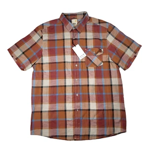 Solaris Outdoors Mens L Short Sleeve Button Front Hiking Camp Shirt Orange Blue - Picture 1 of 5