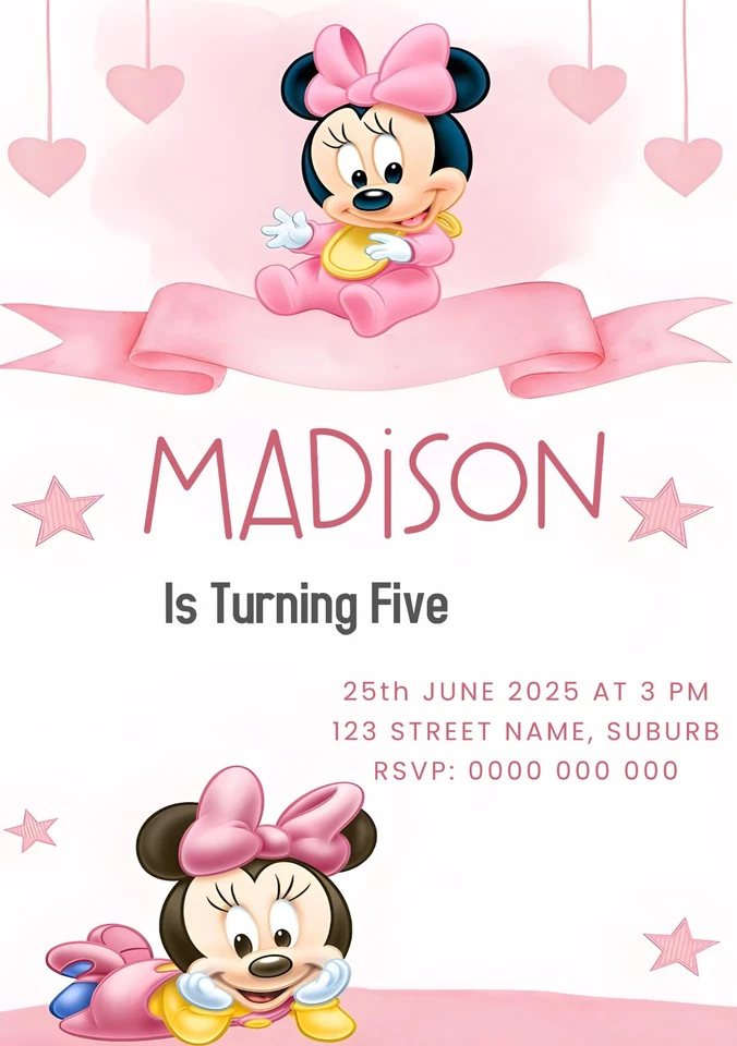 YOU PRINT Birthday Invitations Personalised DIGITAL FILE Minnie Mouse - Image 1 of 1