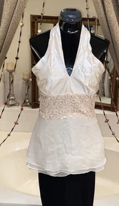 Chetta B Elegant Plissee Formeller Abend Seide Creme Neckholder Top 8 Perlen Stretch - Bild 1 von 12