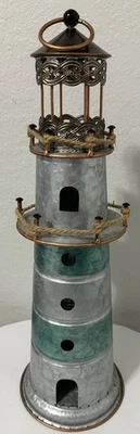 Galvanized Metal & Copper Lighthouse- Home Decor -Silver & Teal  23.75 H  2525 W - Image 1 of 4