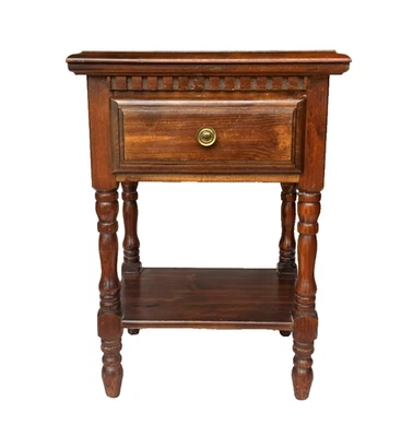 Mid Century Walnut Finish Wood Nightstand Side Table with Drawer and Shelf - Image 1 of 4