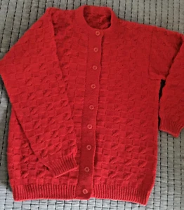 Hand Knit wool cardigan intricate knit pattern button front rich red aprx 10-12 - Picture 1 of 12