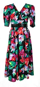 Vintage 70er 80er Jahre Choon voll lebendig tropisch Blumenmuster Baumwolle Gürtel Midi Kleid S - Bild 1 von 7