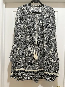 Umgee Boho Paisley Midi Shift Dress Women's Small Blue Cream Front Tie Closure - Picture 1 of 6