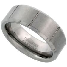 Tungsten Carbide 8 mm Wedding Band Ring with Vertical Grooves & Beveled Edges