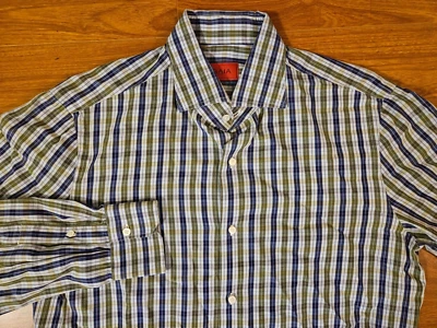 Men's Isaia Blue Green Plaid Button Down Long Sleeve Shirt 16 41 - Image 1 of 4