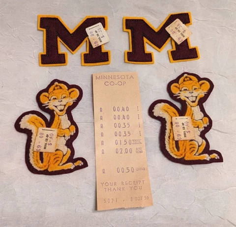 NOS 1959 Golden Gophers University of Minnesota Patch Badges Original Receipt MN Cover