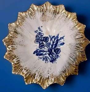 Antique Sebring Pottery Scalloped Bowl Gold Paint Bluebell Flowers 11" USA - Picture 1 of 17