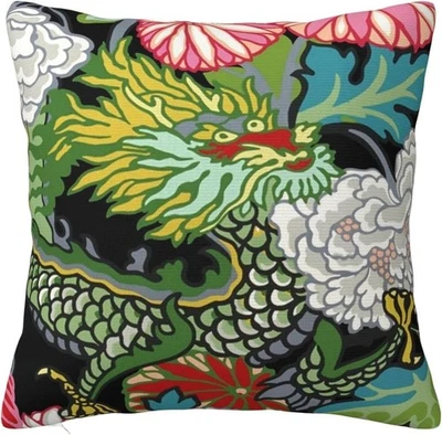 Chinoiserie Pillow Cover Chinese Dragon Pillow Linen Pillow Covers 18X18 Inch fo - Image 1 of 4
