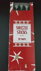 Vtg Pier One Art Glass Christmas Tree & Red Swizzle Sticks Original Box Set 4 - Picture 1 of 8