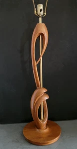 Vtg Mid Century Modern Solid Sculpted Wood Walnut & Brass Table Lamp 40" - Picture 1 of 12