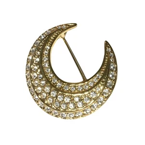 Vintage Joan Rivers Crescent Moon Pave Rhinestone Gold Tone Brooch Pin *Signed* - Picture 1 of 2